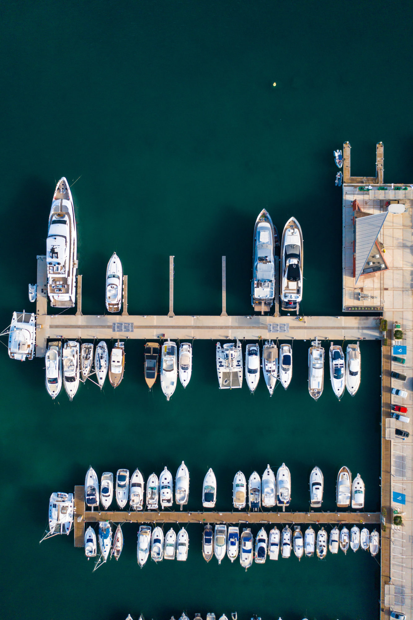 Top view of harbor with many boats